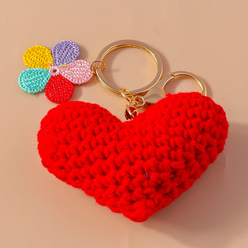 Cute Handmade Knitted Love Heart Keychain Crocheted Flower Key Rings Pendant for Car Key Handbag Decor Women Girl Jewelry Gifts