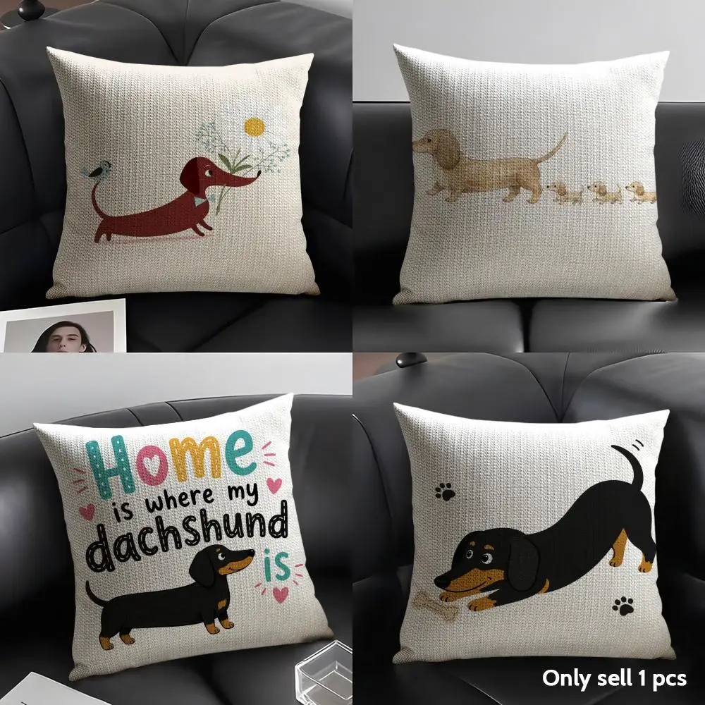 Cute Slogan Dachshund Cushion Cover Natural Linen Organic Fabric Double-Sided Printing Breathable Perfect Gift For Decor