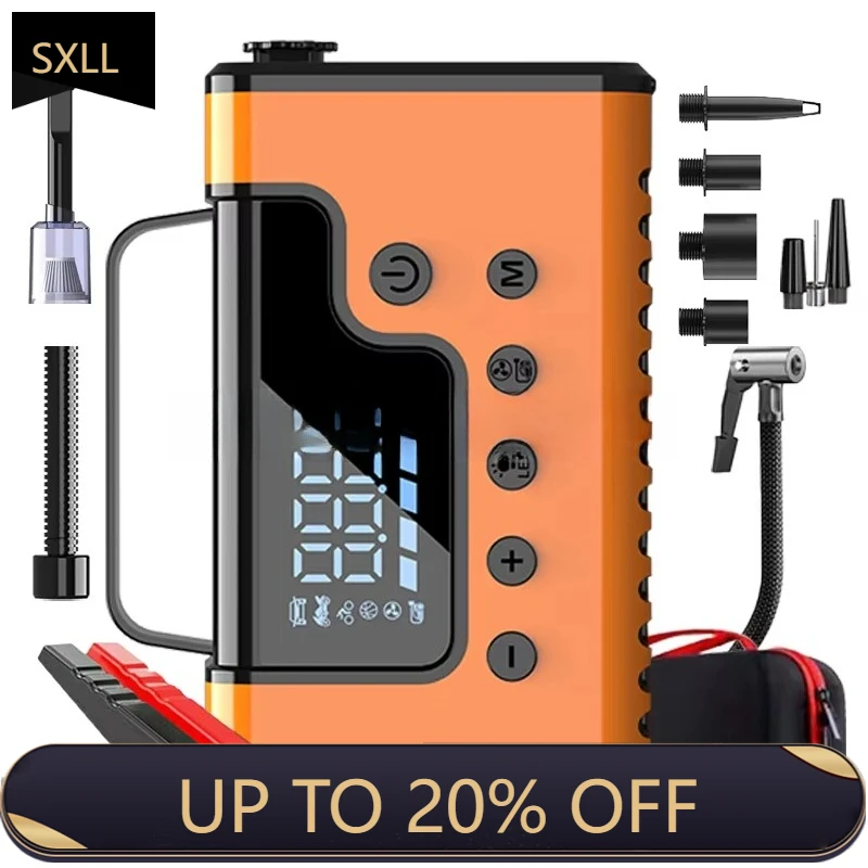 

SXLL 8 in 1 emergency car jump starter 3000A, built-in air compressor/vacuum cleaner/blower/strobe warning light/digital displa