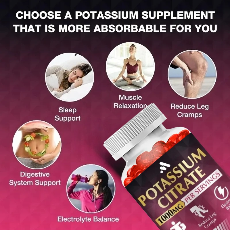 Potassium Citrate Gummies, Potassium Supplement (1000mg), Muscle Health Support, Suitable for Adults and Children, Vegan