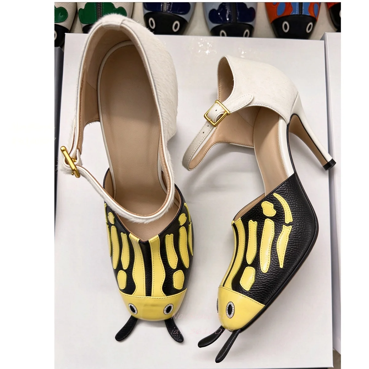 Insect Shape Sandals Mixed Color Stiletto High Heels Unique Ankle Straps Buckle Luxury Autumn Sexy Women Party Single Pumps