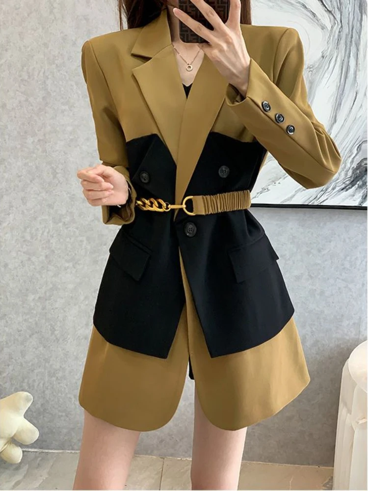 New Design Blazer Women Fashion New Loose Korean Spliced Single Breasted Blazer Mujer Femal with Belt