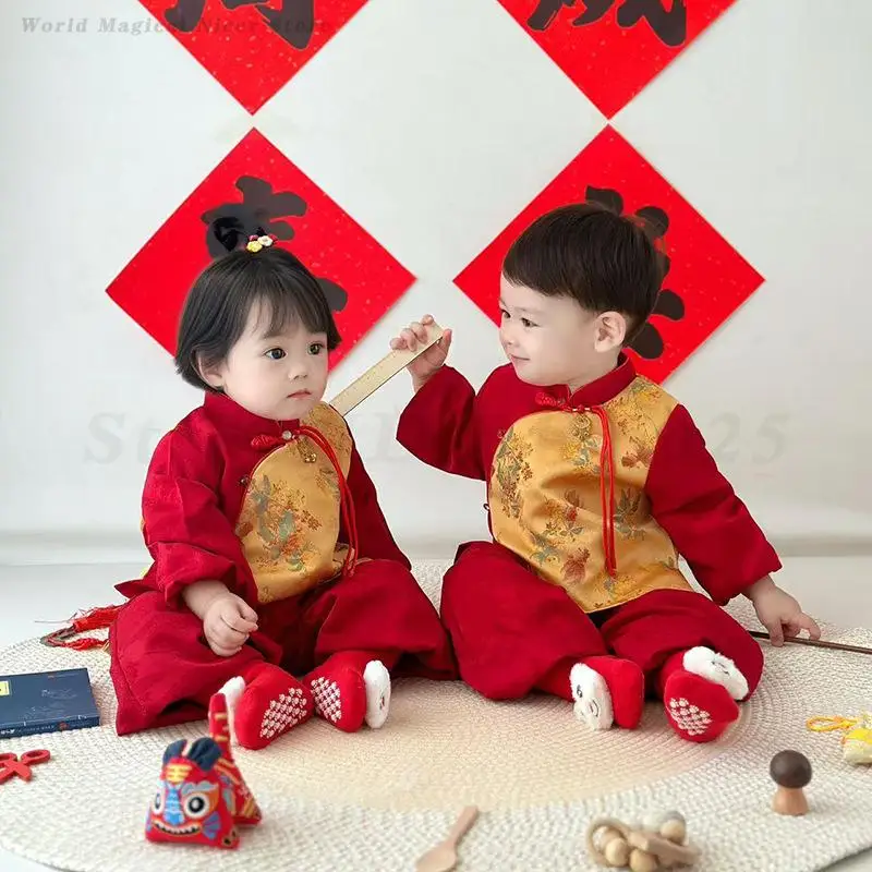 Vestiti Tang in stile cinese per bambini Primavera Festivo Capodanno Hanfu Regalo Neonato Tang Suit Bambini Vintage Top a maniche lunghe Pantalone