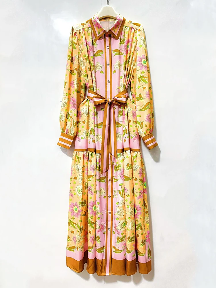 2026 Spring Women's Clothing Retro Geometric Positioned Print Lapel Belted Waist Long Dress Fashion Loose Large Size Shirt Dress