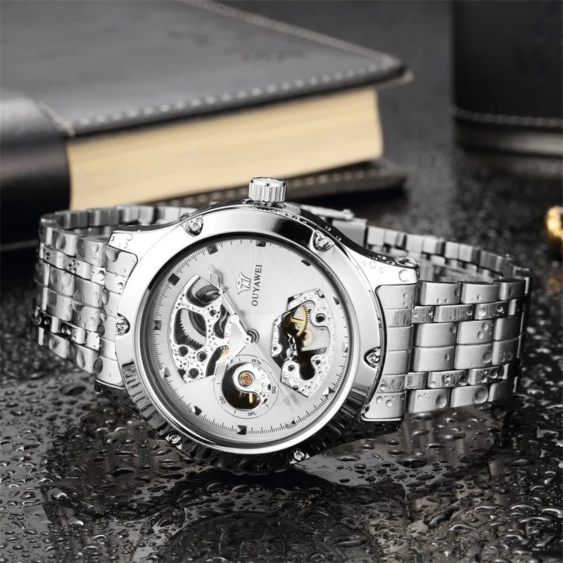 OUYAWEI Mechanical Wristwatch for Men Luxury Brand Skeleton White Automatic Man Watches Relogio Masculino Fashion Military Clock