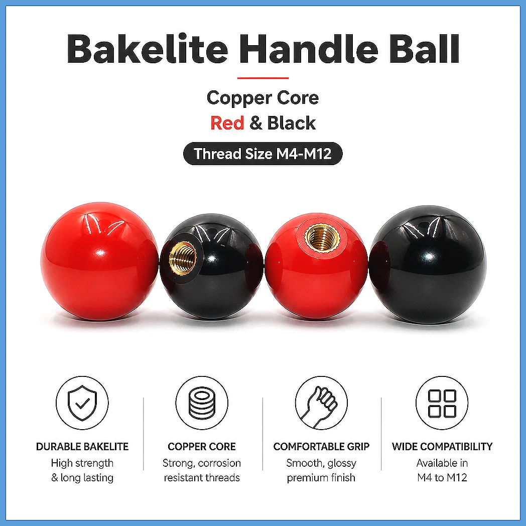 5Pcs Copper Core Ball Bakelite Lever Knob Machine Tool Replacement Round Handle M5 M6 M8 M10 M12 Red Black Plastic Knob