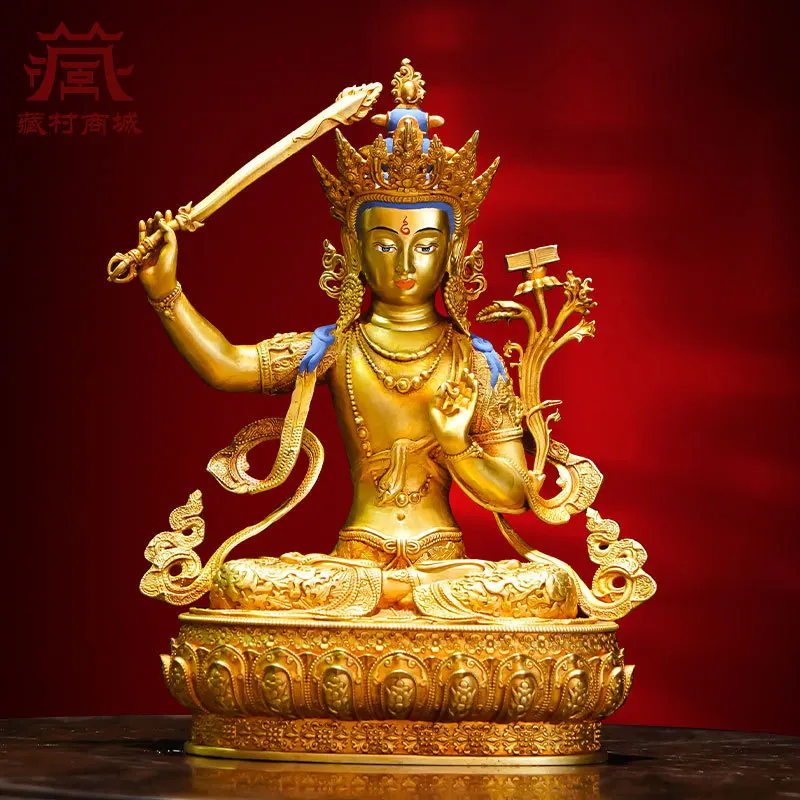 7inch Relief Manjushri Bodhisattva Replica Handicraft Bronze Statue Indoor Home Living Room Entrance Hall Ornament