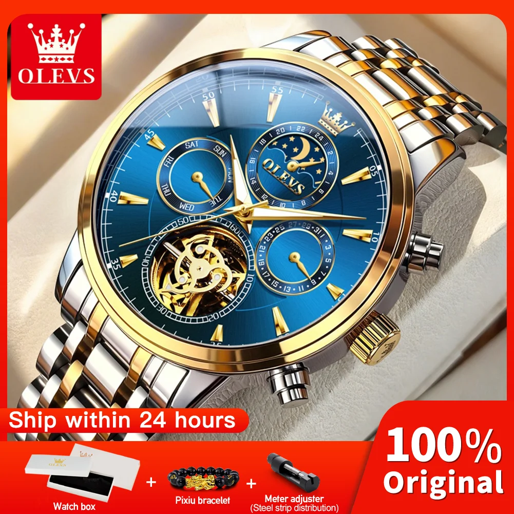 

OLEVS 6746 Business Mechanical Movement Watch For Men Luminous Display 24h Moon Phase Stainless Steel 30M Waterproof Watch