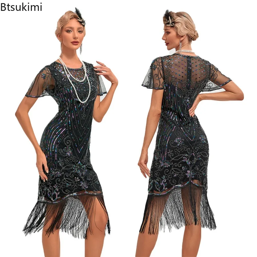 New Women'S 1920s Vintage Embroidered Dress Fringed Sequins O-Neck Beaded Mesh Elegant Dresses Cocktail Party Gown No Accessory
