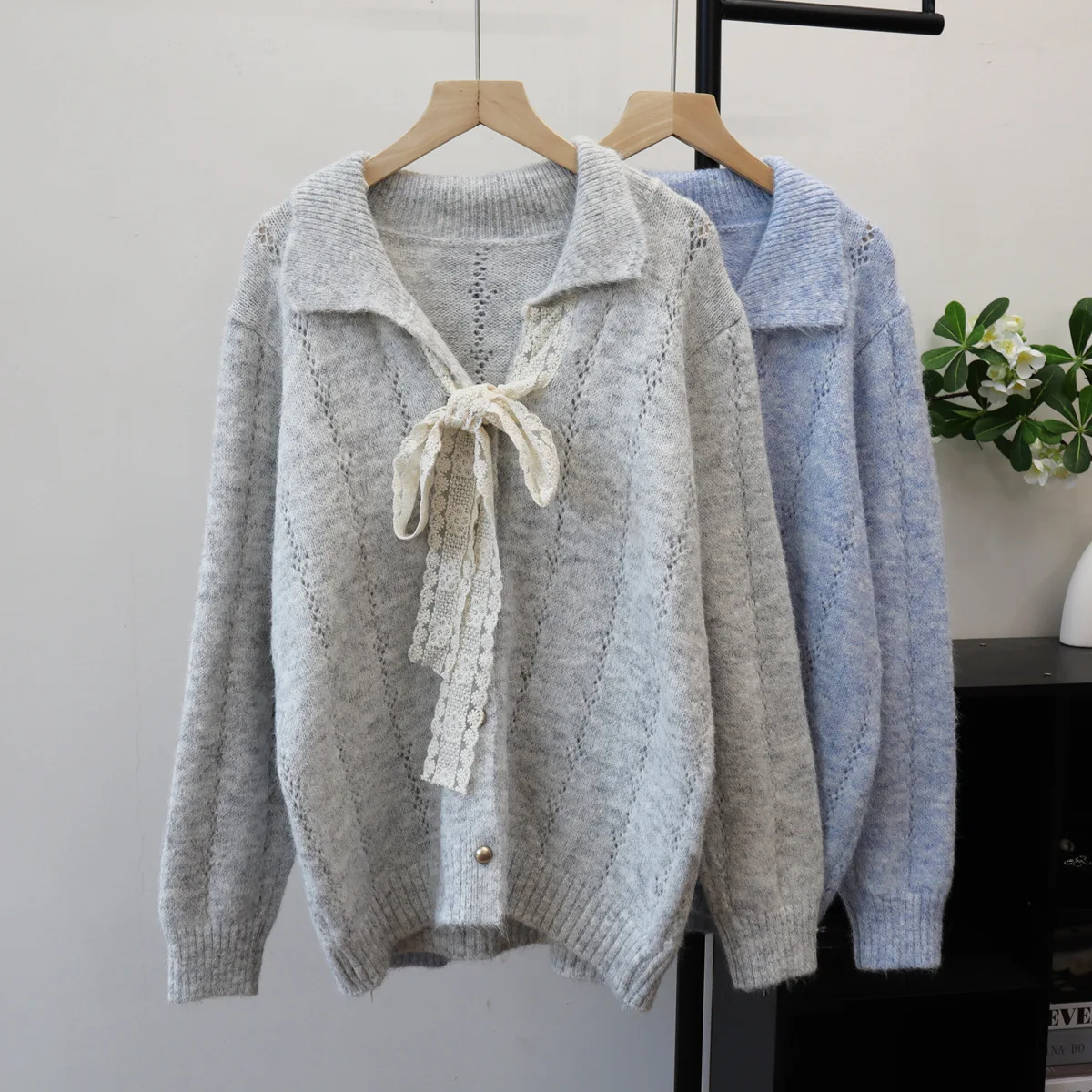 

2026 Women Lace Up Cardigan Sweaters Solid Jumpers Lace Openwork Turn Down Collar Single Breasted Loose Casual Autumn Winter