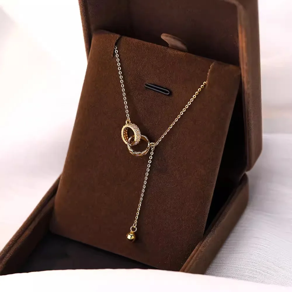 Water Proof Not Fade Gold Shiny Color Plated Stainless Steel Double Ring Tassel Pendant Necklace Fashion Jewelry For Women