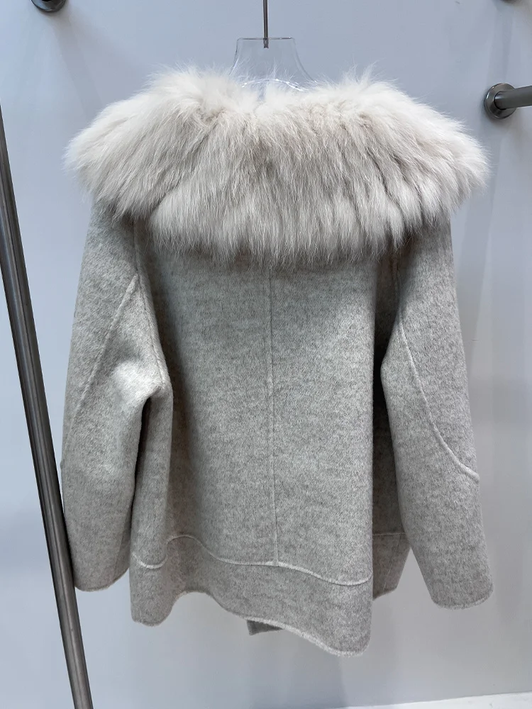 2025 frauen Winter Warme Natürliche Echt Fox Pelz Kragen Woolen Jacke Weibliche Luxus Damen Jacken Streetwear