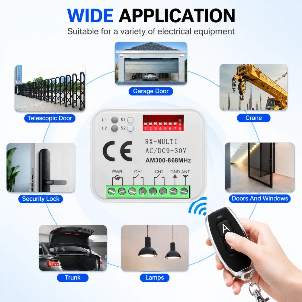 FUNNYSHIELD Multi Frequency 300-868MHz Receiver 2CH 12V 24V Relay Module Garage Door Remote Control 433MHz 868mhz RF Transmitter