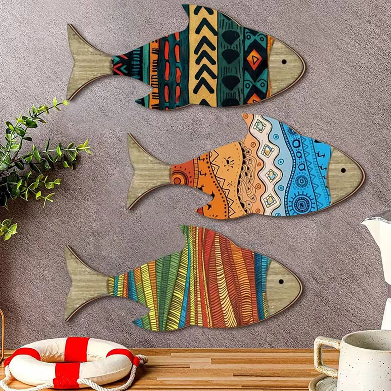 3Pcs Tribal Fish Wooden Wall Stickers With Double Sided Nano Tape, Nautical Kids Room Wall Decor Ornament