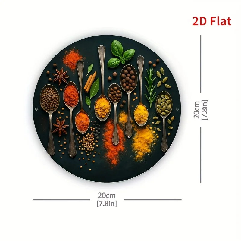 2D Flat - Flat 2D Prints Featuring a Collection of Metal Plates Depicting Plants And Spices, Ideal for Decorating Your Home, Off