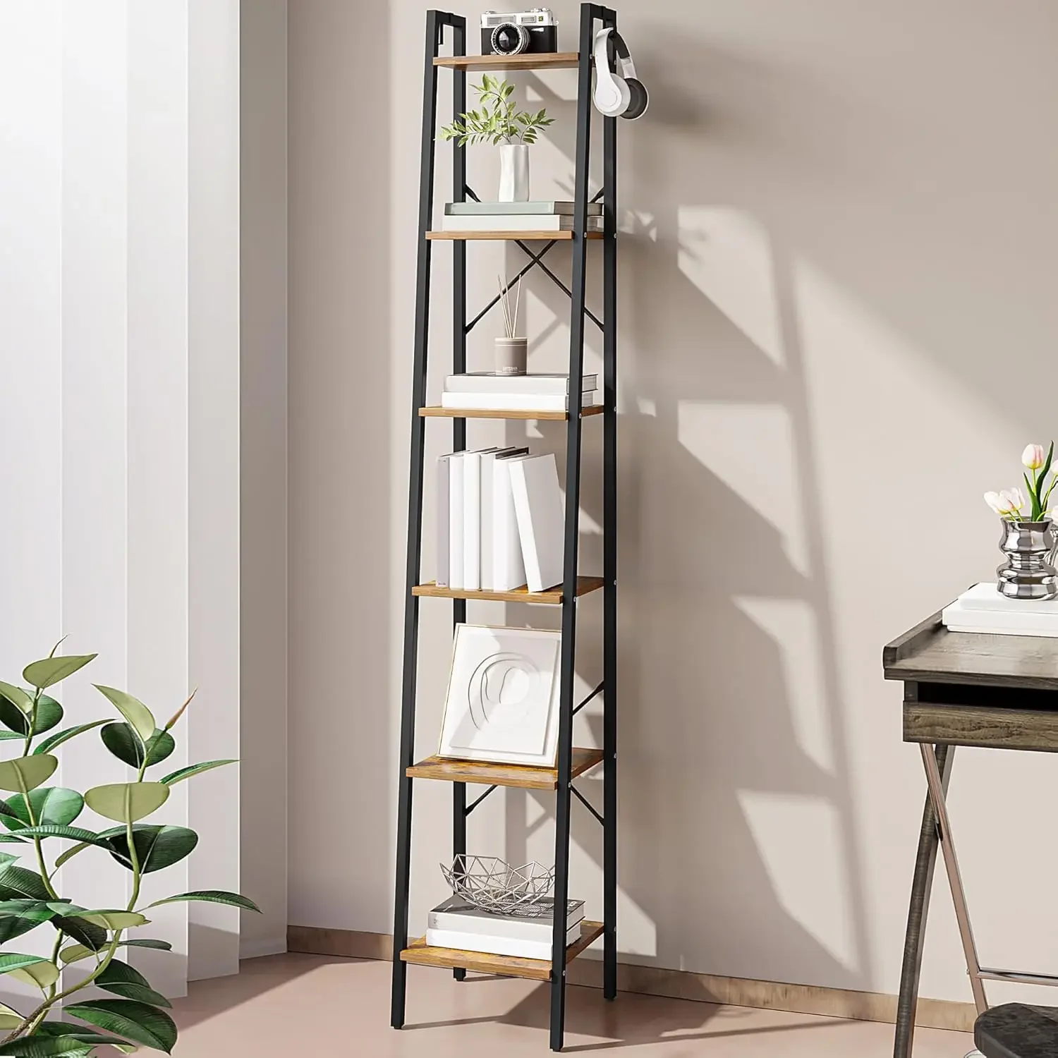 Bookshelf Bookcase, Freestanding Corner Storage Shelve with 2 Hooks for Home Office, Living Room, Kitchen, Bedroom, Industrial