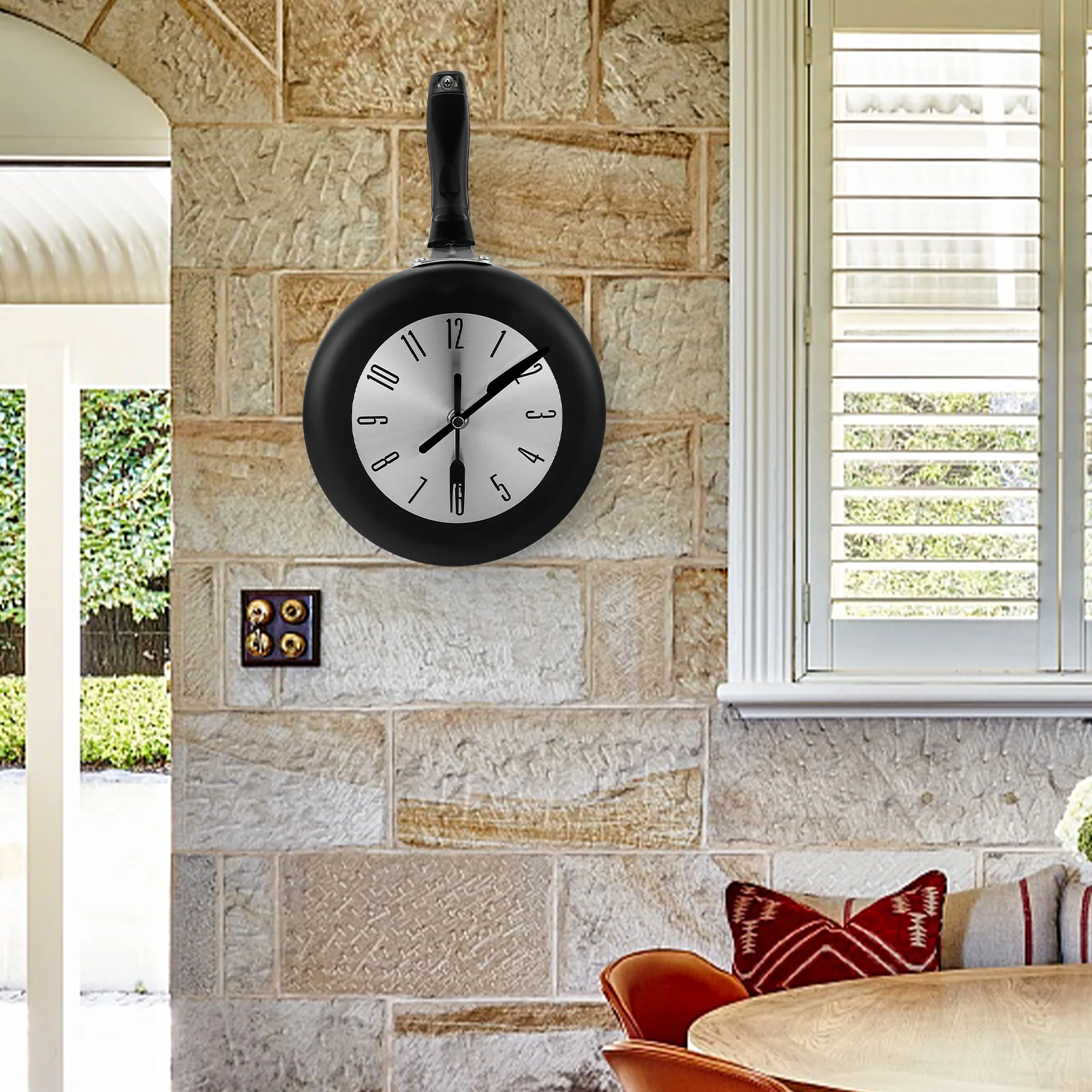 

1Set Quartz Wall Clock Metal Round Frying Pan Style Kitchen Decor Silent Sweep Hands Non-Ticking Creative Hanging Clock