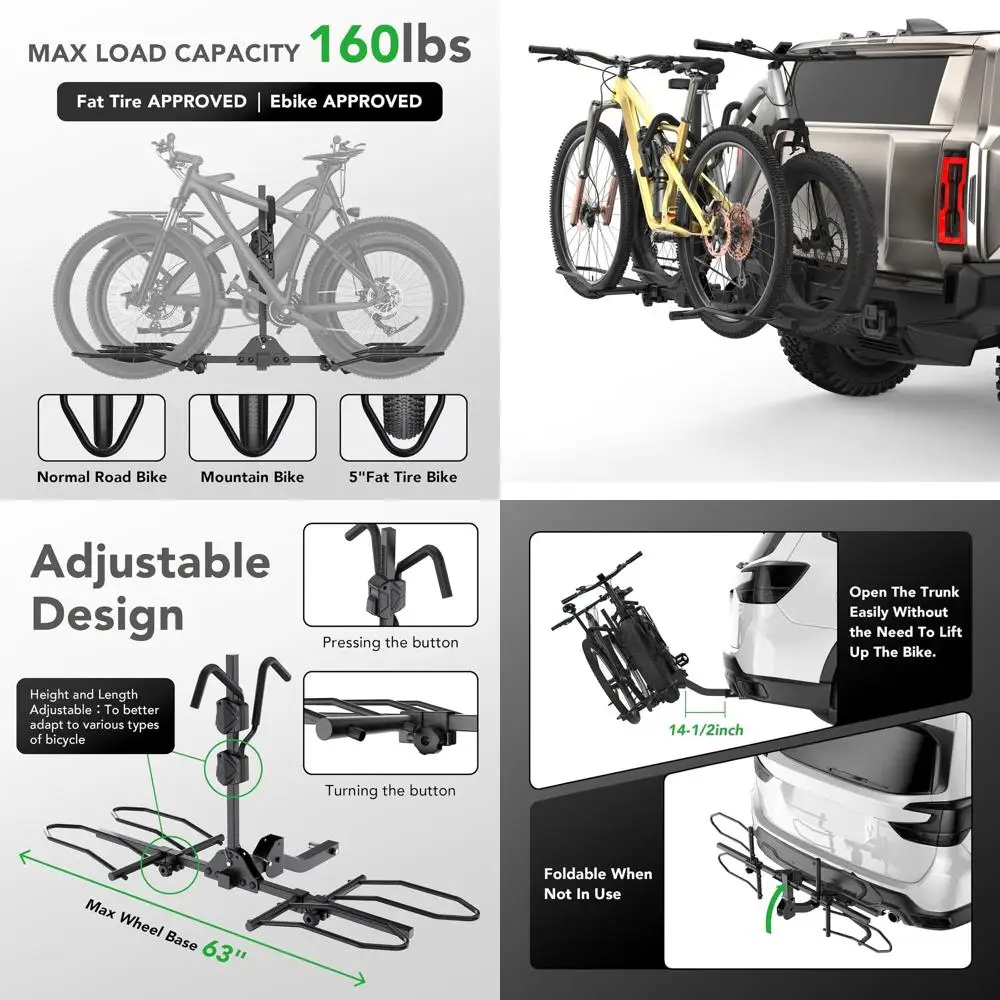 

2-Bike Rack Hitch Mount, Fits E-Bikes, Fat Tires up to 5", 160lbs Tilting Hitch Mount Platform Rack for Cars SUVs Trucks -2" Rec