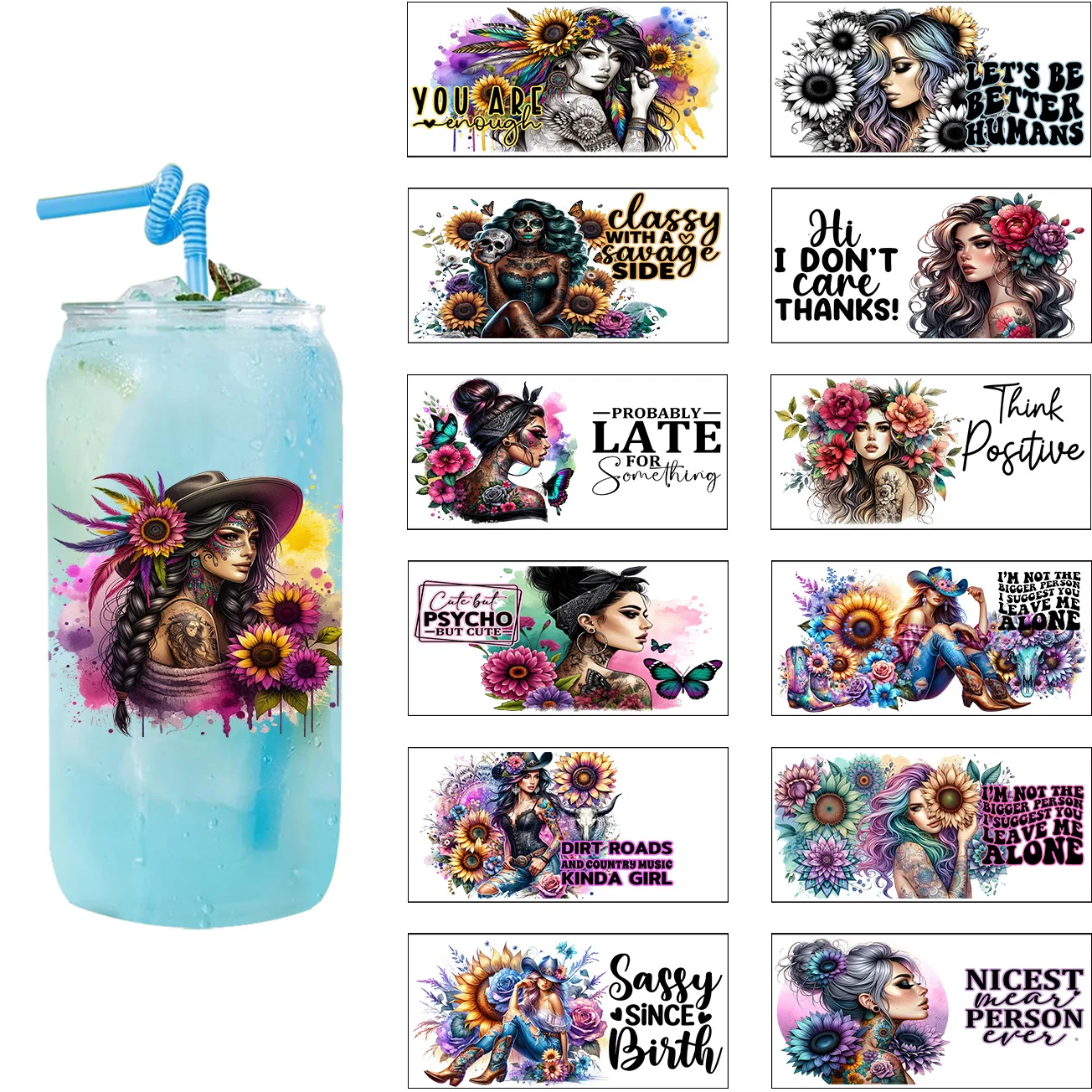3D Crystal Sticker Retro Beauty Girl Power Easy Peel for 16oz CupTattooed Girl Series DIY Decals 3D Transfers UV DTF