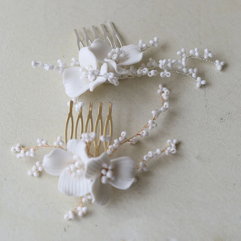 

Small Bridal Hair Comb Ceramic Floral Wedding Pins Gold Silver Color Handmade Women Accessories