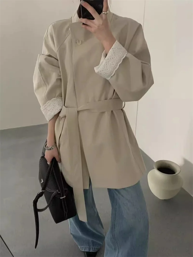 Fashion Lace Edge Top For Women Mid to Long Style One Button Windbreaker Spring Autumn Styles New Style Versatile British Coat