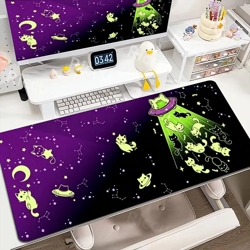 Cute Cat UFO Alien Abduction Purple Space Stars Moon XXL Gaming Desk Mat Non Slip Rubber Base Extended Mouse Pad for Computer