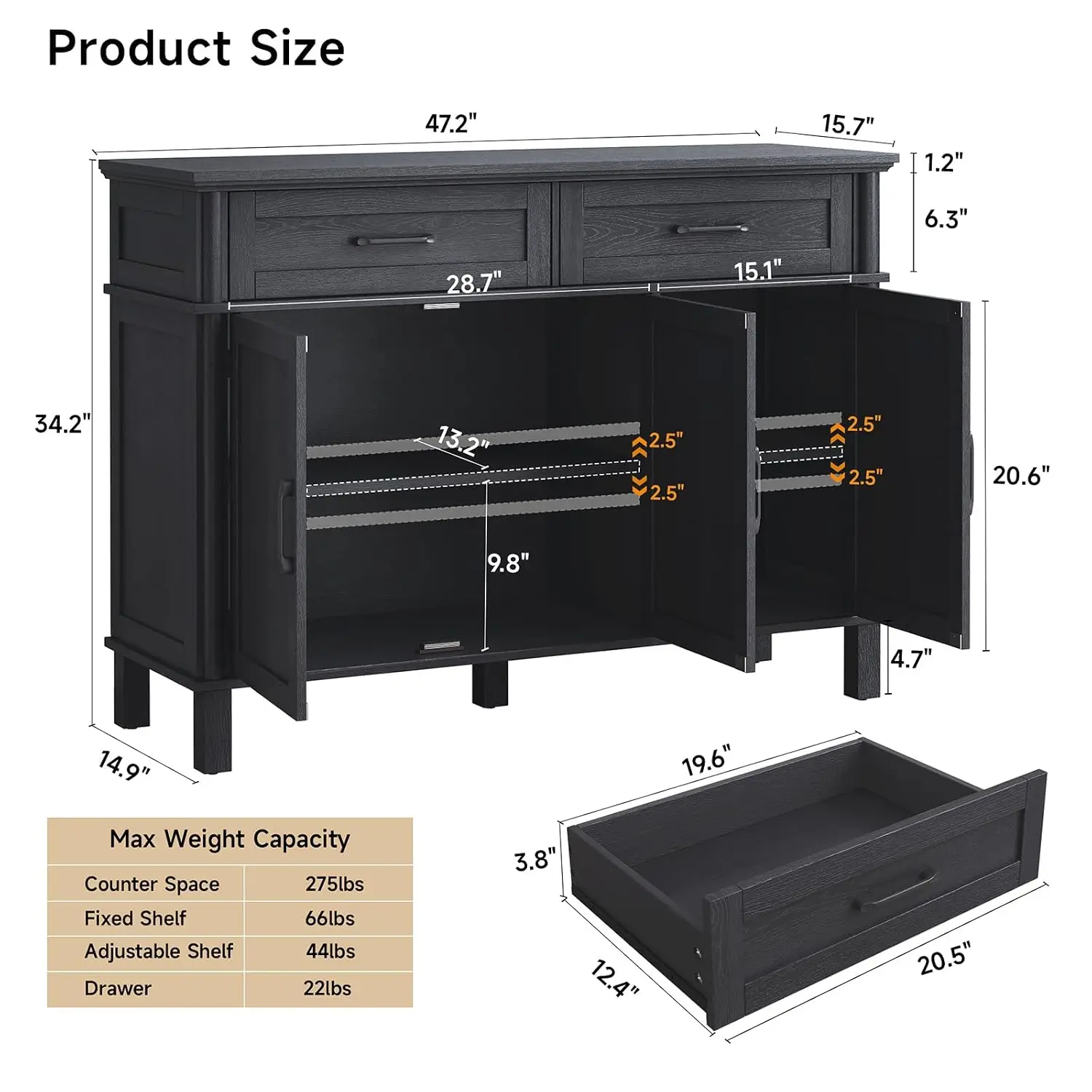 48 Inch Black Buffet Cabinet with Storage for Dining Room & Kitchen, Customized