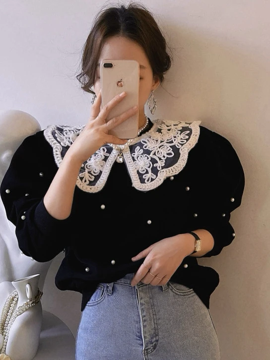 Long Sleeve Embroidered Lace Wave Doll Collar Beaded Hoodie Women Anti Aging Versatile Top Quality Material Chinese Production