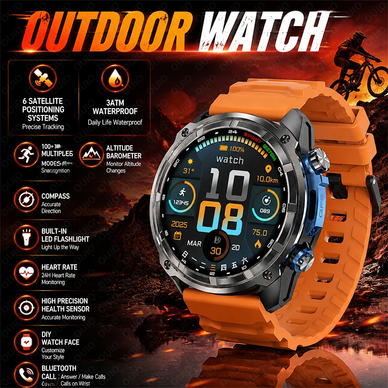 Montre connectée GPS 2026 avec 6 systèmes satellite, cartes militaires hors ligne, boussole, étanchéité 3ATM, moniteur de fréquence cardiaque et plus de 100 modes sportifs