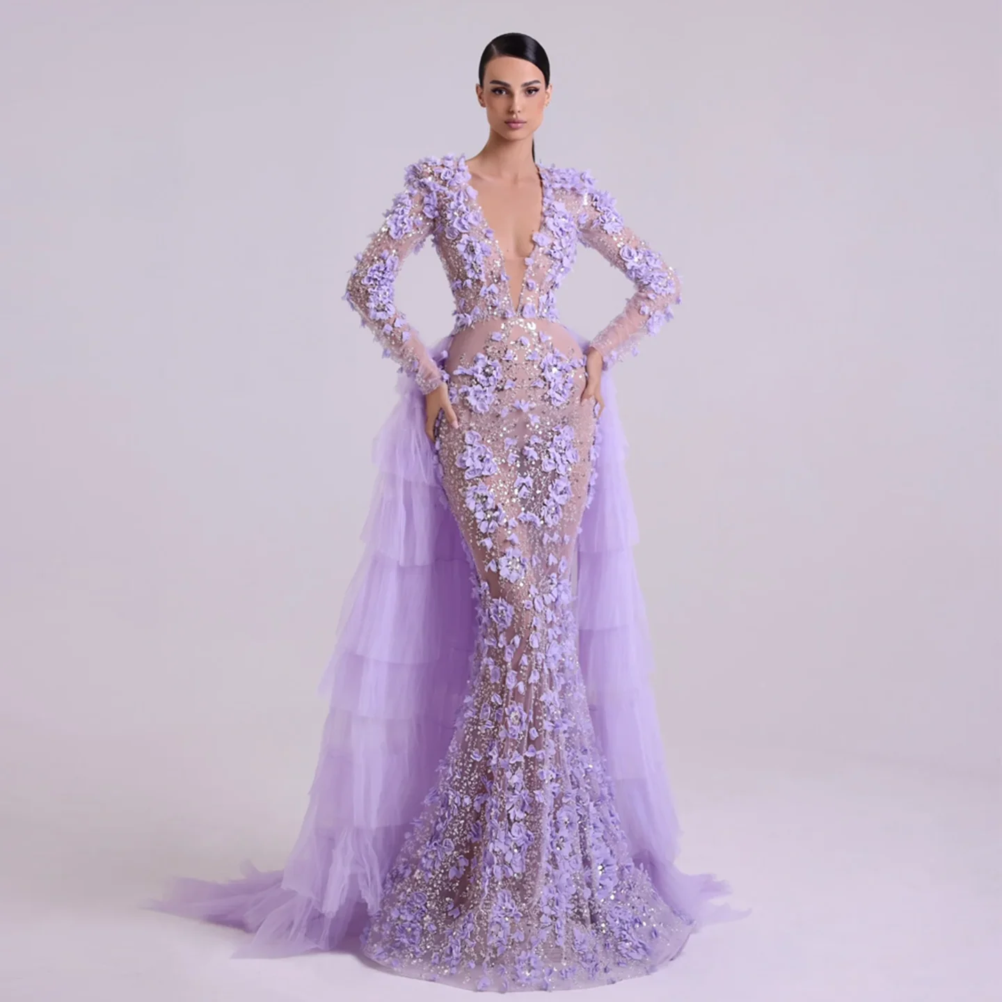 

Sharon Said Elegant Long Sleeve Mermaid Evening Dress Tiered Overskirt 3D Flowers Wonen Wedding Party Gown SS637 Customized