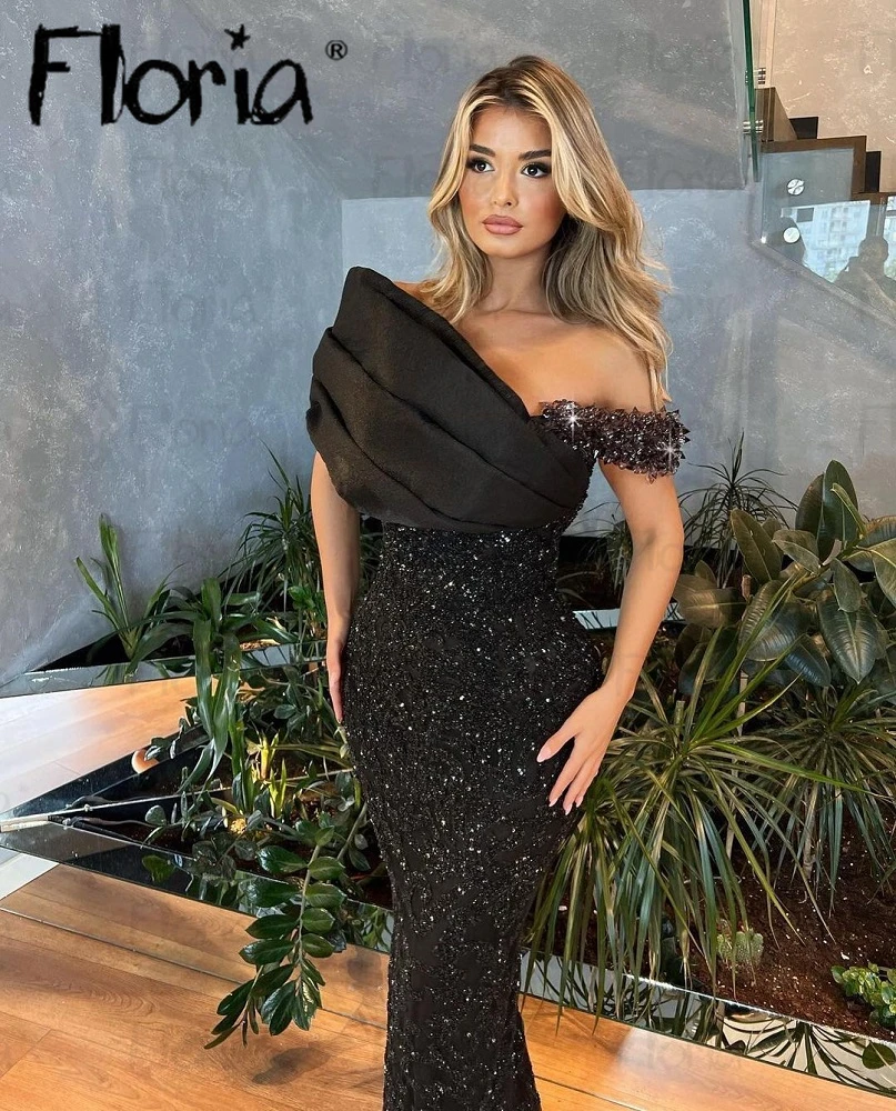 New Arrival Off Shoulder Black Party Dress Beaded Long Formal Celebrity Dress With Shiny Stones Robe Soirée Female Evening Gown