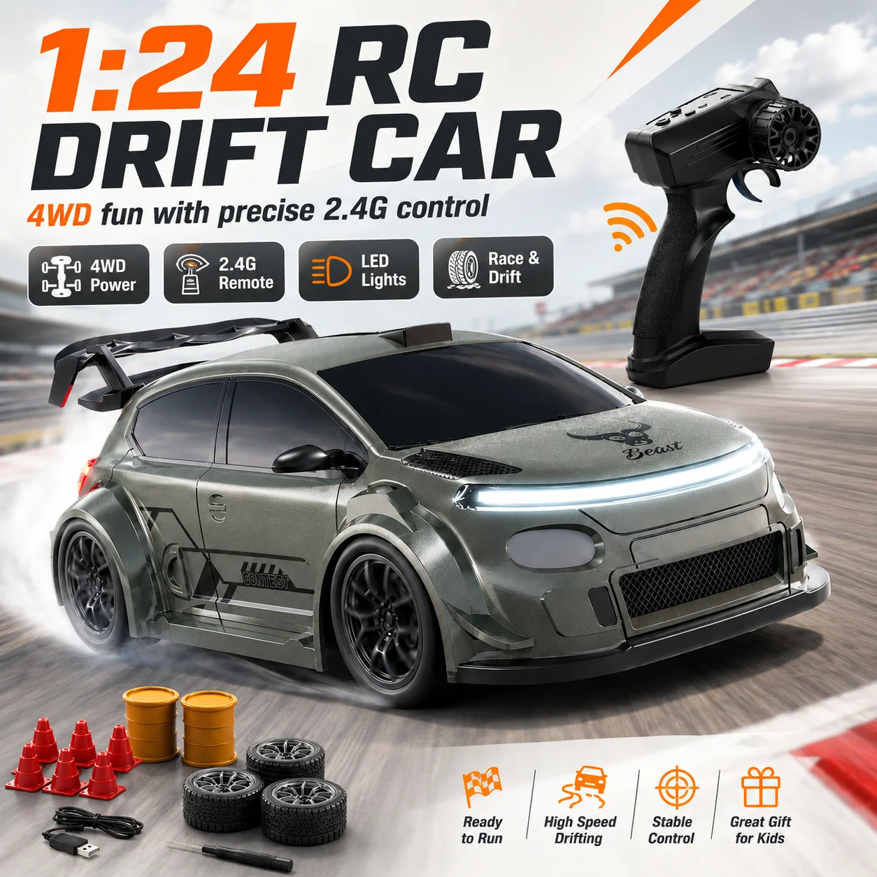 4WD High Speed RC Car 2.4G Remote Drifting Car 1:24 Scale Dual Mode One Click Switch LED Headlight Taillight Long Battery Life Racing Toy Car