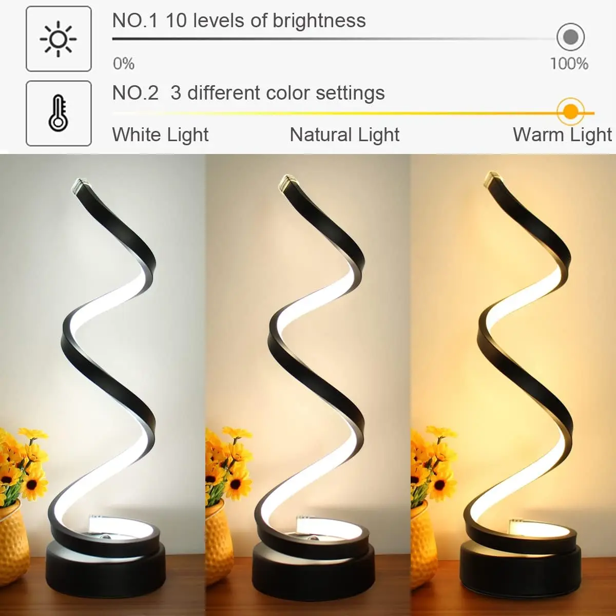 LED Table Lamp Modern Minimalist Dimmable Spiral Table Lamp 3 Color RGB Bedside Lamp Desk Light for Bedroom Living Room Office