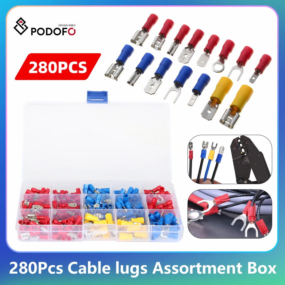 Podofo Auto Automotive Connector Set Flat Plug Set Cable Lugs Assortment Box 280Pcs Insulated Electric Wire Cable Connectors