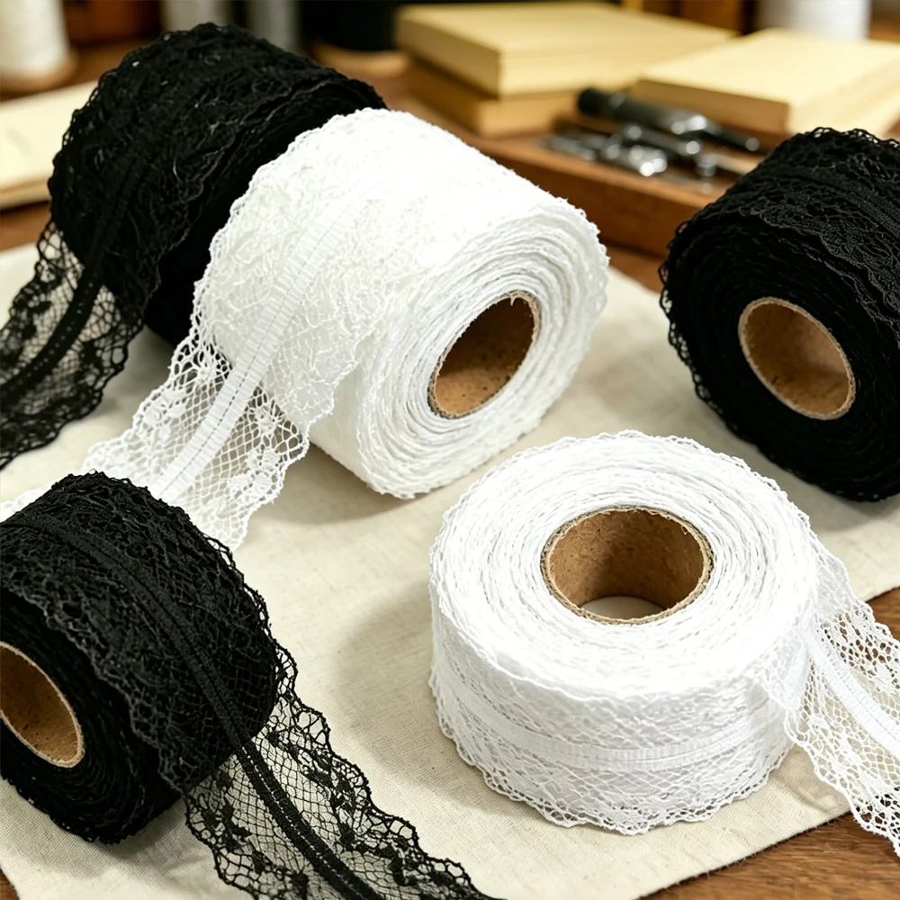 1-2 Stück 10m/Rolle 35mm breites Vintage-Spitzenband in Weiß/Schwarz für Einmachgläser, DIY, Scrapbooking, Heim-Näharbeiten - Stoffband – Detail 1