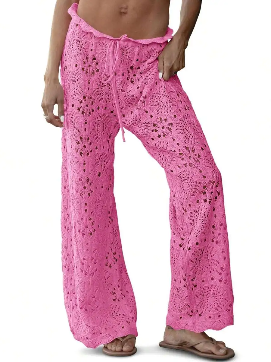 

Womens Crochet Beach Cover Up Pants Sheer Mesh Wide Leg Palazzo With Drawstring Waist