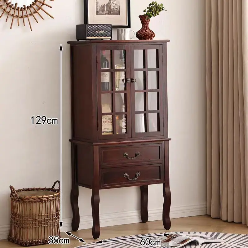 

American all-solid wood wine cabinet double-door glass display cabinet European living room retro decorative cabinet TV side