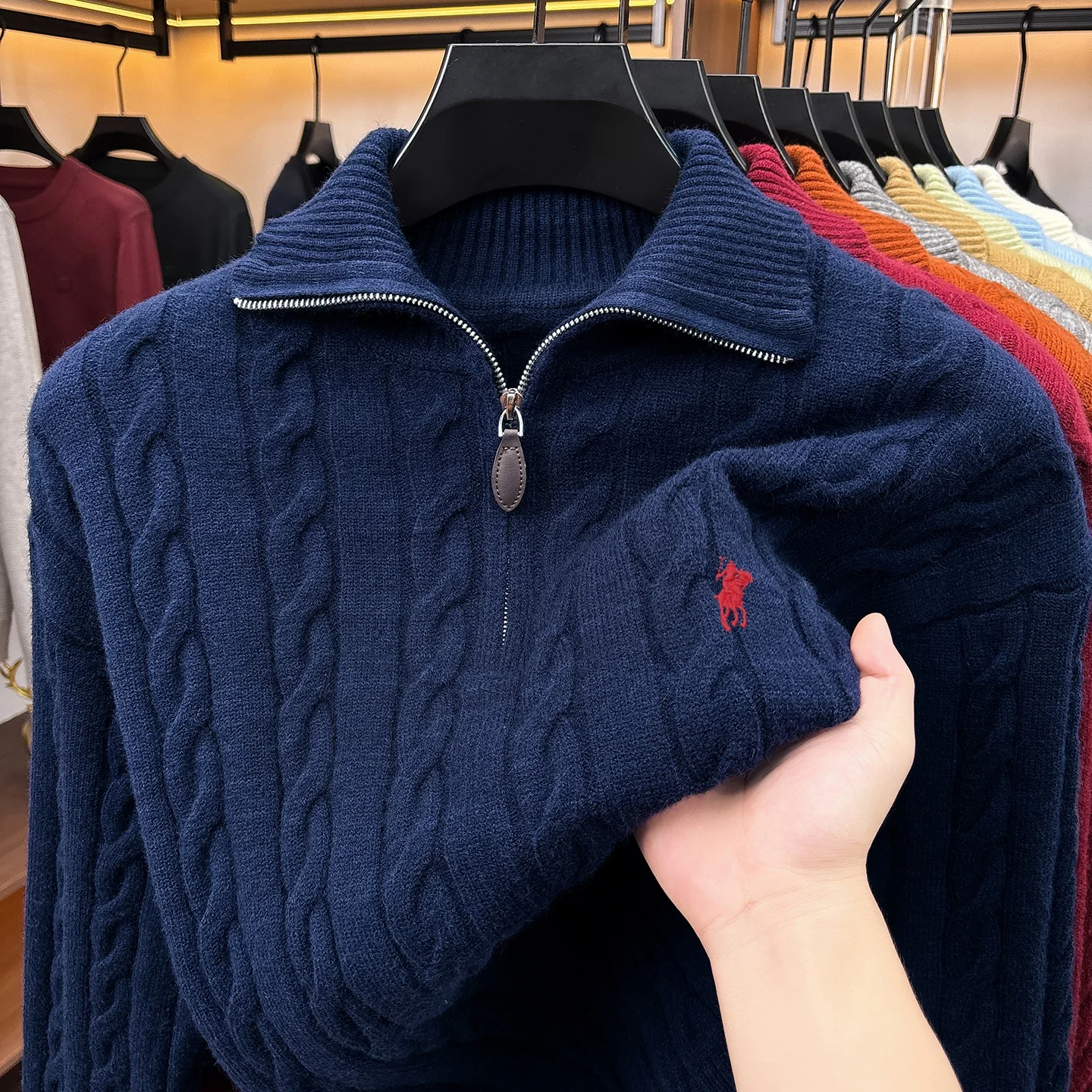 Mode Hochwertige Pullover Männer Luxusmarke Klassischer Stil Paul Pony Stickerei Winter Vintage Neue Dicke Warmwarmabdeckung Reißverschluss Kragen Stricken Sweater – Detail 27