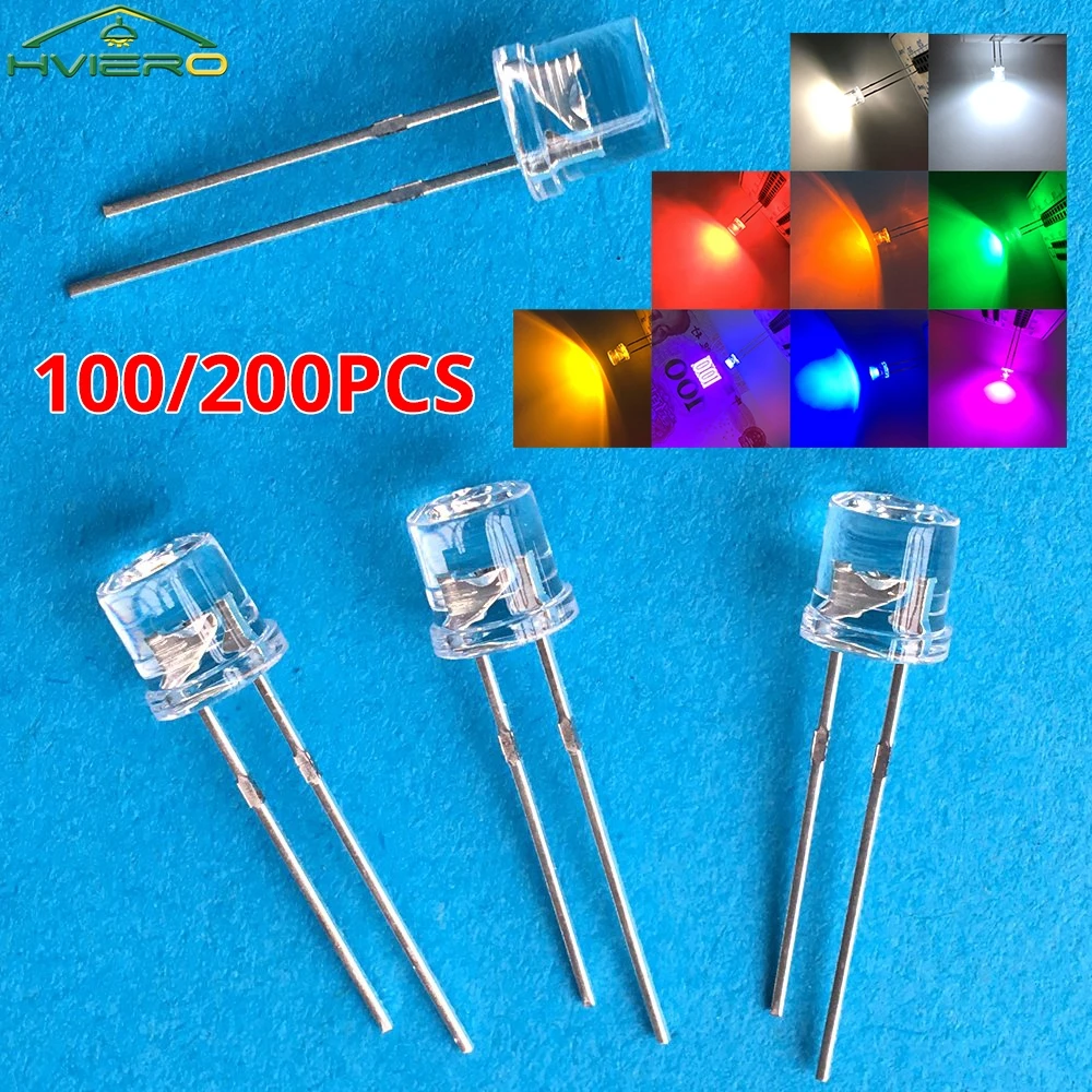 100/200X Ultra Bright 5mm Flat Top Bead Ambient Lighting Home Decoration Diy Led Projects Holiday Event Exhibition Neon Sign Led