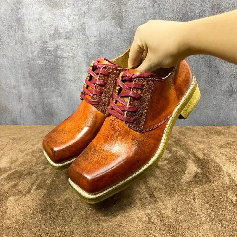 Handcrafted Square Toe Derby Shoes Men Dress Shoes Cow Leather British Retro Business Formal Casual Shoes