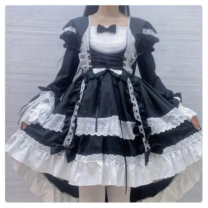 Vestido de cola de golondrina de Lolita, corsé, vestido de encaje Ceñidor, disfraz de sirvienta, traje gótico alto y bajo, dobladillo largo de algodón para niñas