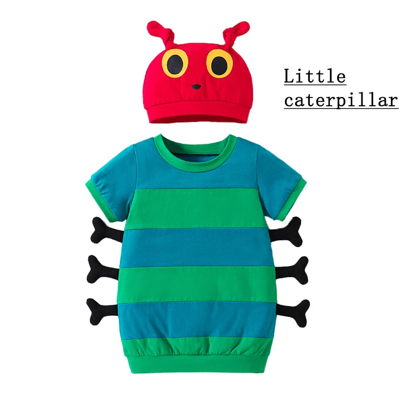 

Summer new short-sleeved cartoon-shaped Halloween baby costume for 0-3 years old babies, with a caterpillar shape and a hat