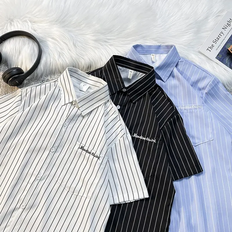 

Summer Thin Short Sleeve Shirt for Men with Pocket Ice Silk Embroidery Slim Fit Casual Shirt Youth Popular Polyester Fiber