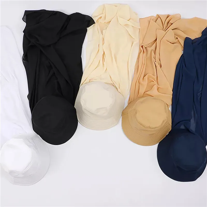 New Muslim Women Bucket Hat With Chiffon Hijabs Summer Sports Cap With Chiffon Hijab Ready To Wear Instant Hijab Islam Headscarf