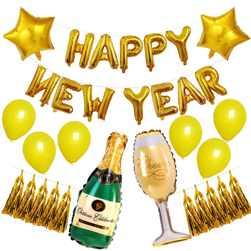 

2022 New Year Balloon Bar decorated with 16-inch bright gold HappyNewYear letter champagne beer aluminum film balloon