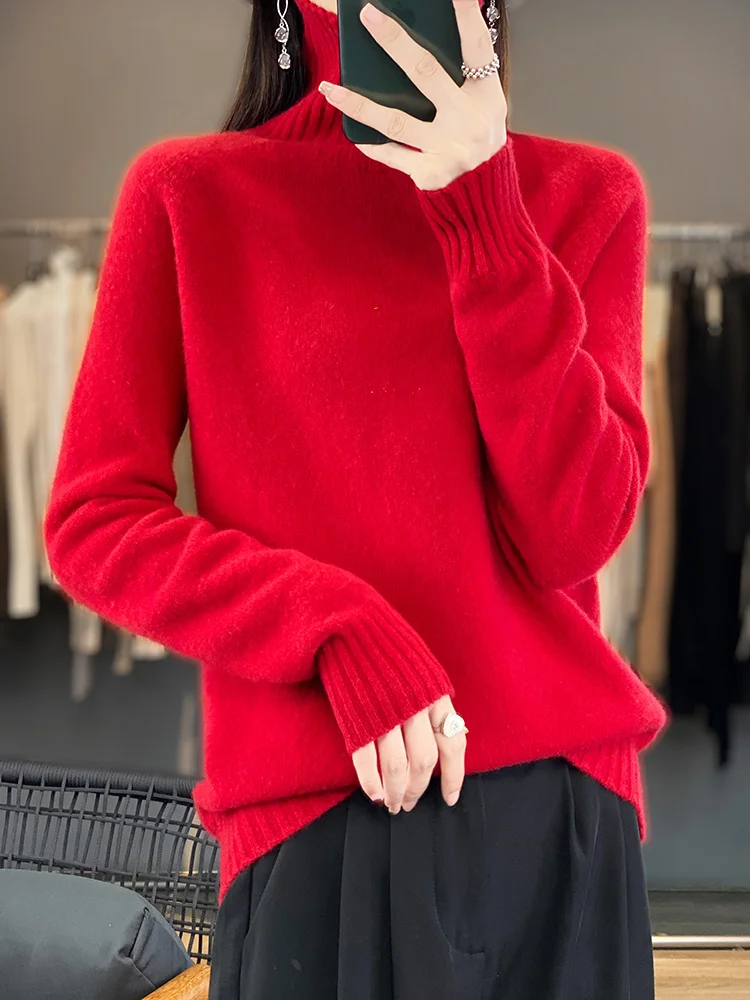 Autumn Winter Thickened Women Sweater 100% Merino Wool Pullover Long Sleeves Turtleneck Warm Knitted Jumper Female Clothing Tops