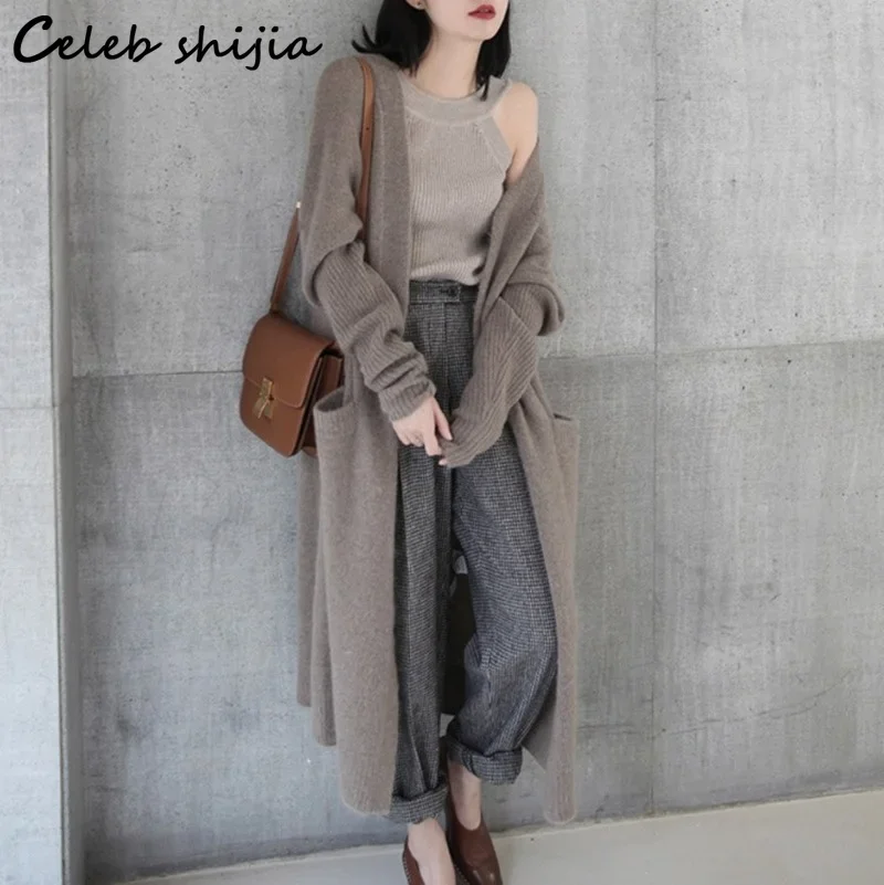 SHIJIA Black Long Cardigan Sweater Woman Cashmere Soft Autumn Winter Korean Fashion Pocket Knitted Cardigan Female Loose Coat