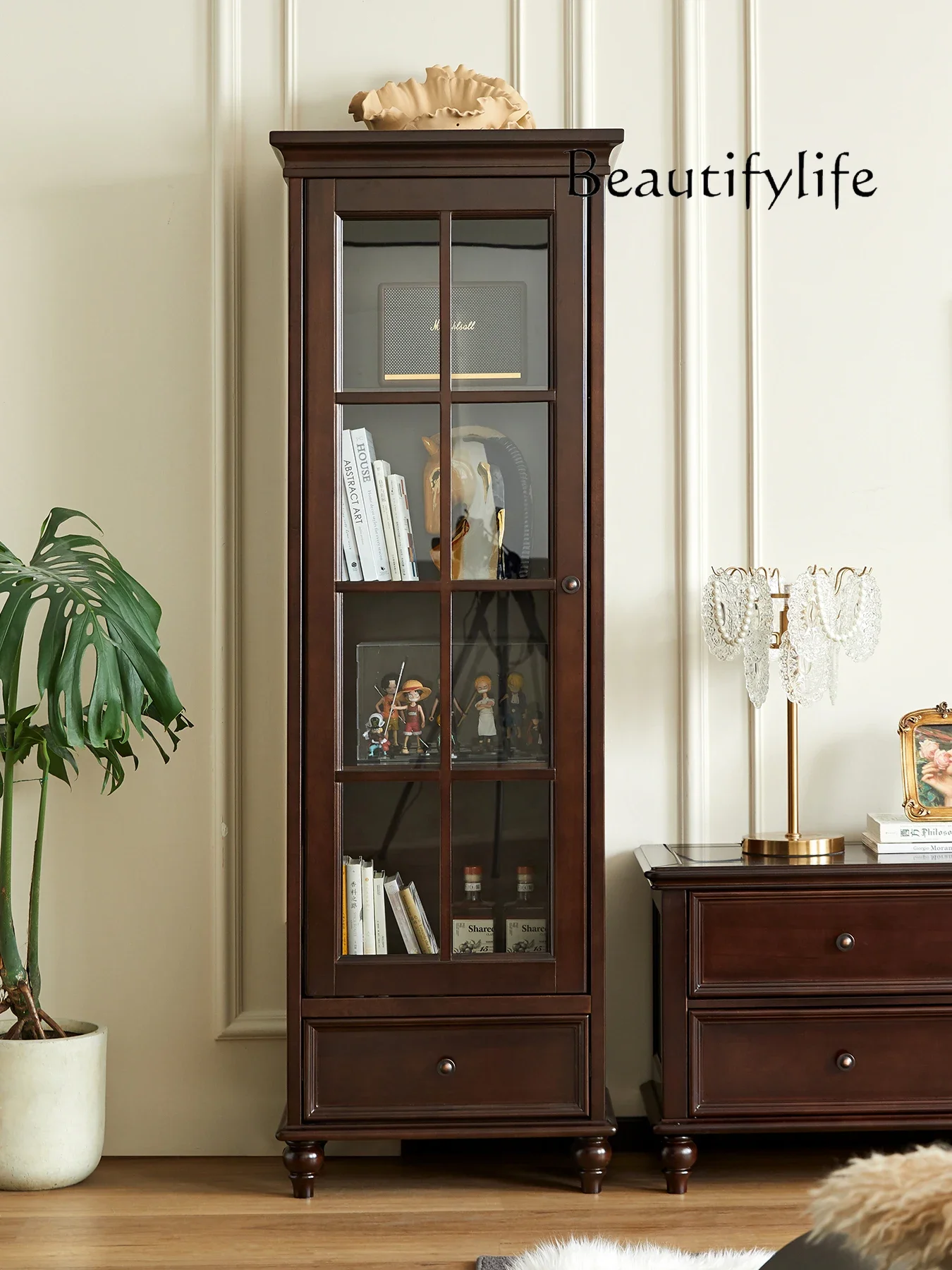 X American All Solid Wood Walnut Color Wall Integrated Glass Wine Cabinet 2025 New Living Room Home Display Storage Cabinet