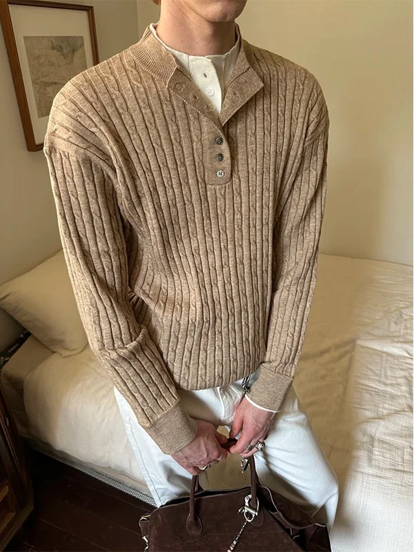 

Men's Knitted Sweater Fake Two-Piece Henry Collar Textured Wheat Spike Twist Casual Loose Fit Long Sve Soft Acrylic Blend