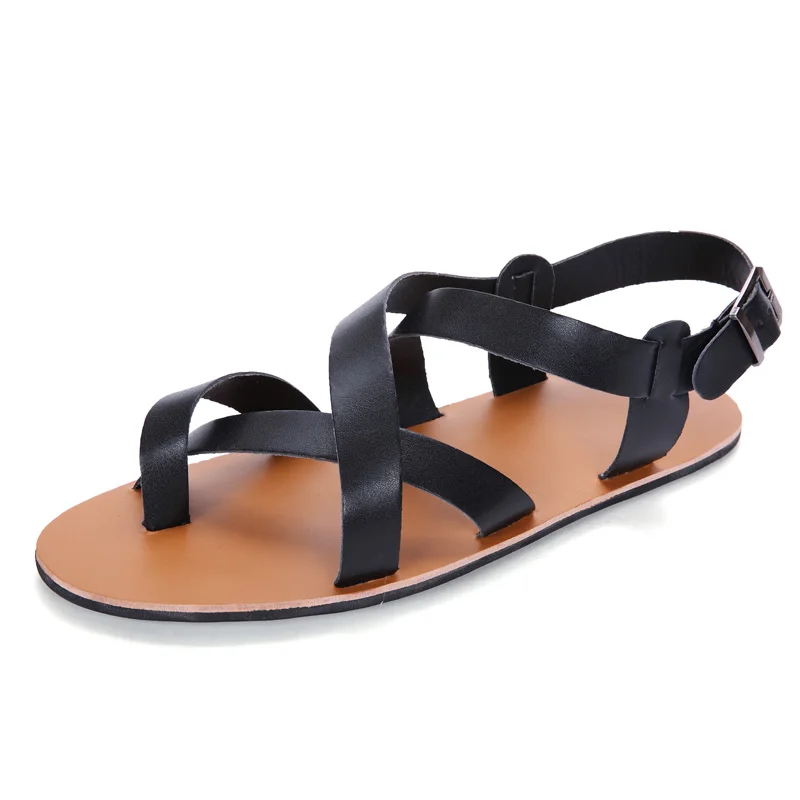 New Summer Men Sandals Leather Vintage Flat Heel Solid Buckle Beach Gladiator Sandals Shoes Breathable Men Flip Flops Sandals